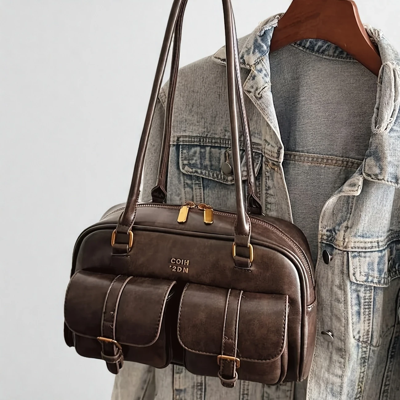 Women's Coffee Brown Multi-Pocket Shoulder Bag with Golden-Tone Hardware & Letter Embellishments Stylish Versatile Crossbody Purse for Travel, Work, Shopping, Dates, Work Handbag