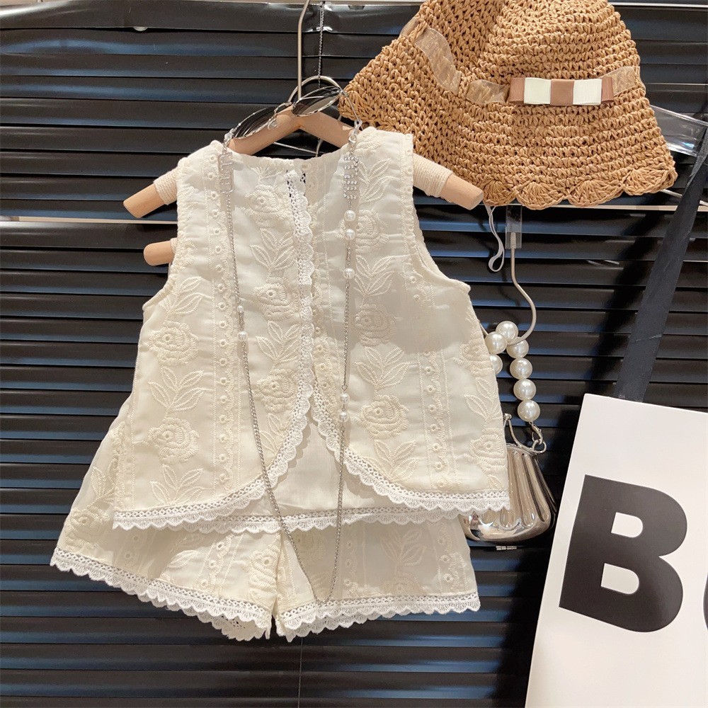 Children Fashion Hollow Lace Vest Shorts Set