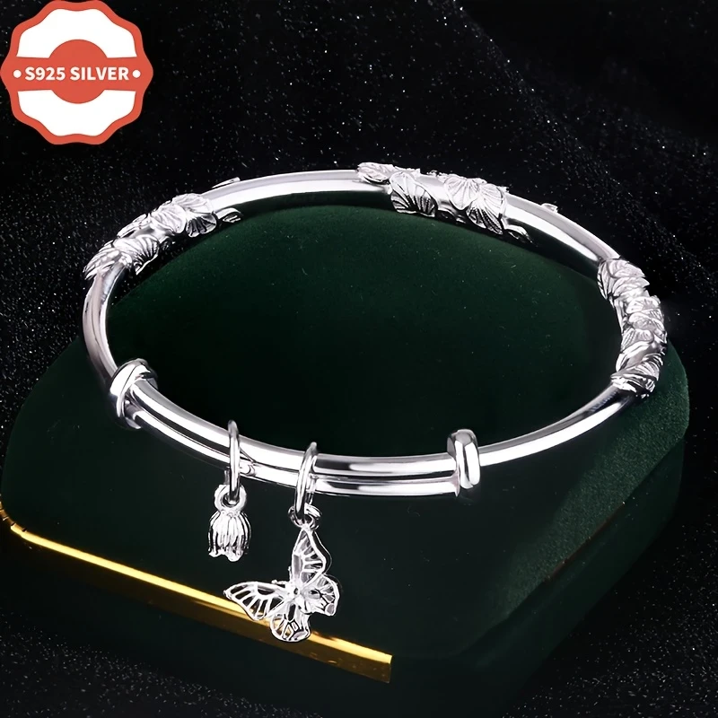 Luxury Boho Style 925 Sterling Silver Bangle  18K Golden Plated with Floral & Butterfly Charm