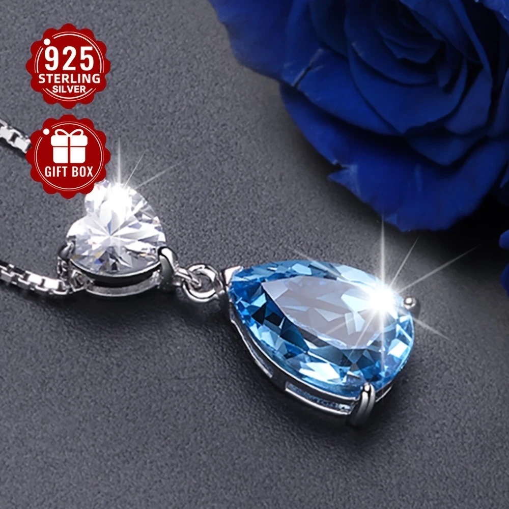 Elegant Blue Synthetic Zirconia Heart Pendant Necklace for Women Vintage Style