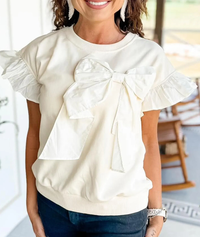 Women's Contrast Color Bow Ruffle Sleeve Top