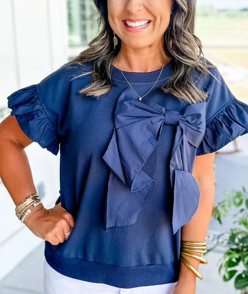 Women's Contrast Color Bow Ruffle Sleeve Top