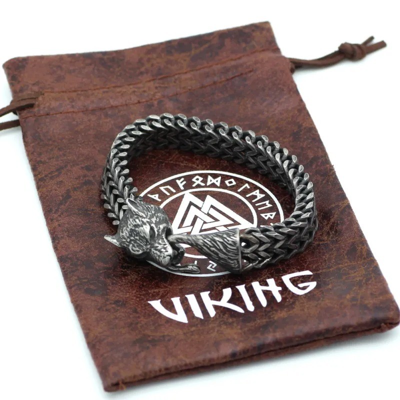 Men's Stainless Steel Black Wolf Head Cuban Chain Bracelet