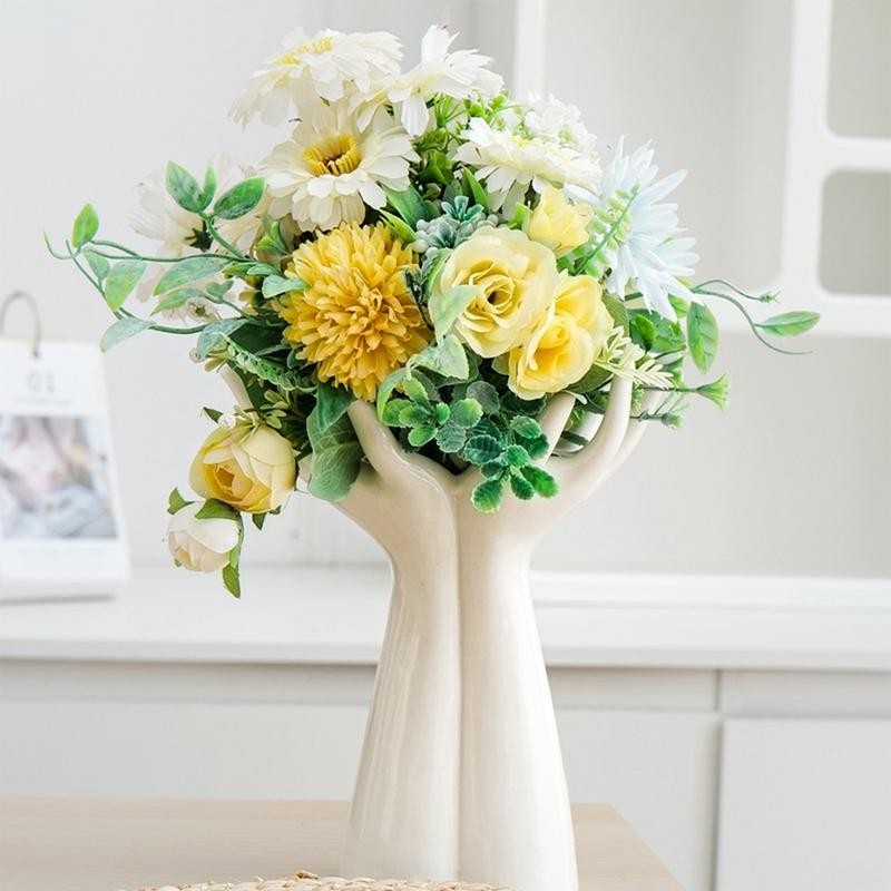 Nordic Style Ceramic Hand Vase - Modern Creative Flower Arrangement Vase for Home, Office, Desktop, and Living Room Decor