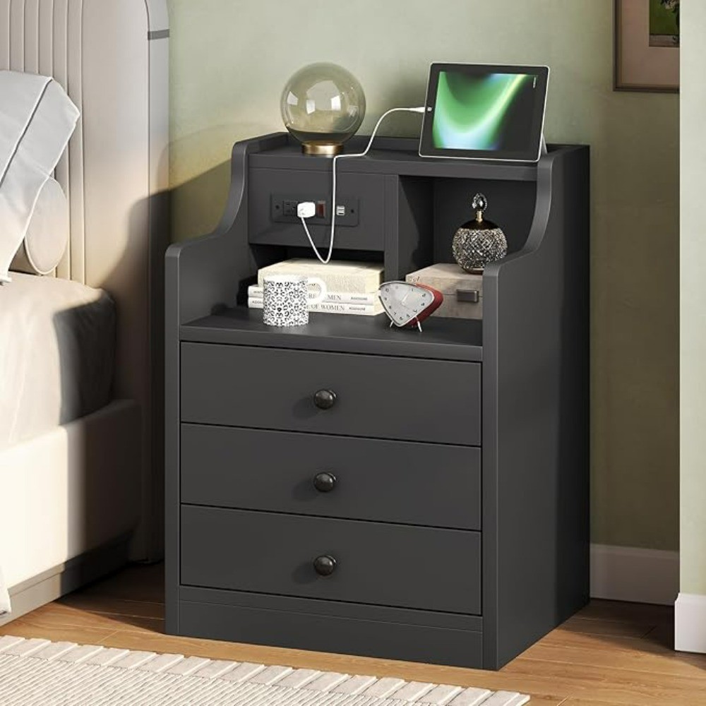 Black Nightstand with Charging Station - 3 Drawers Wood Sofa End Side Table with USB Ports and Outlet