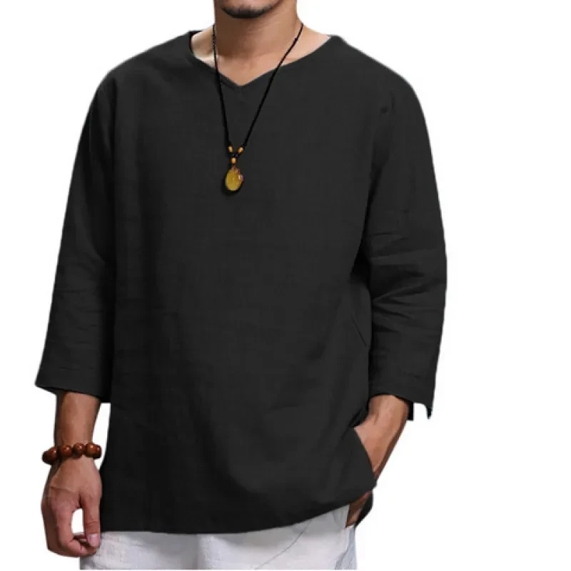 Loose Casual V-neck Top Cotton And Linen Long Sleeve Pullover Shirt Mens Clothing
