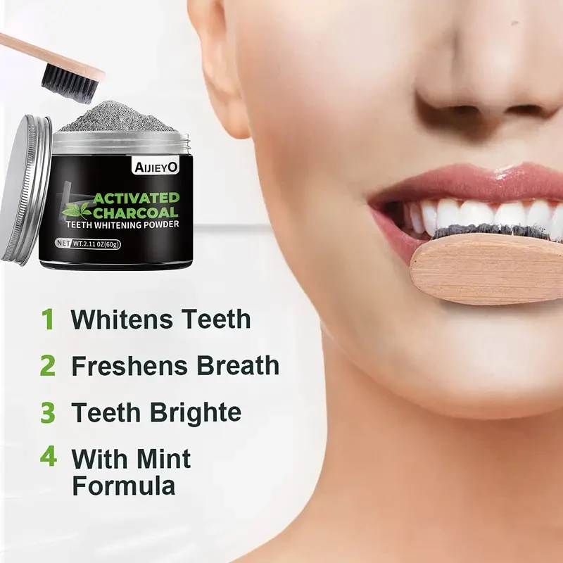 AIJIEYO Activated Charcoal Teeth Whitening Powder - Deep Cleaning, Plaque Cleaner, Mint Flavor