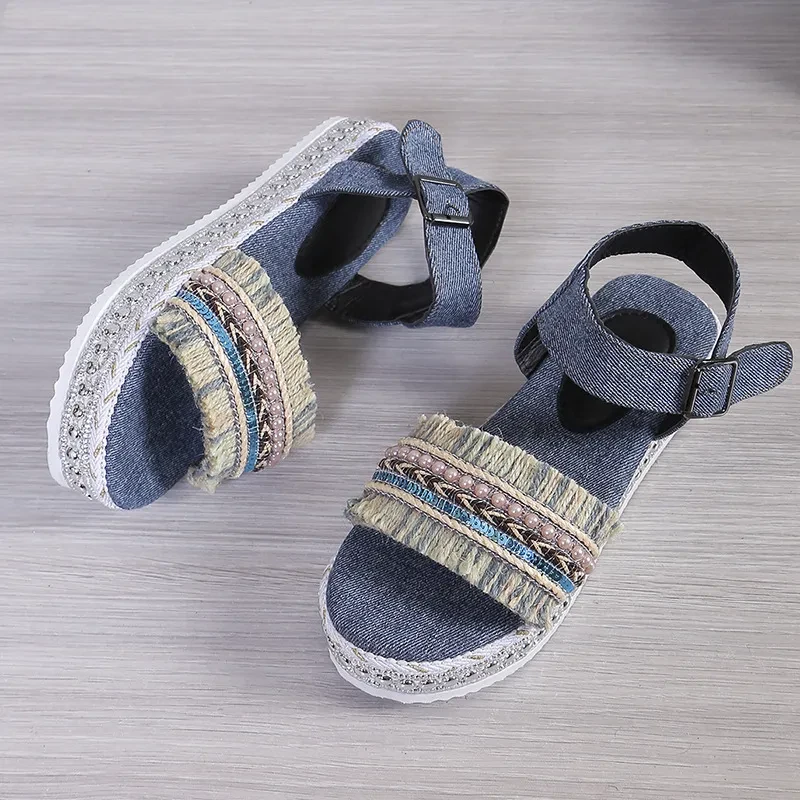 Fashion Tassel Denim Sandals With Thick-soled Flat Heel For Women