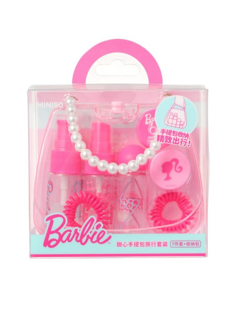 Miniso Barbie Dispensing Bottle Set  Sweetheart Handbag Travel Set, 7-Piece Dispensing Bottle Storage Bag