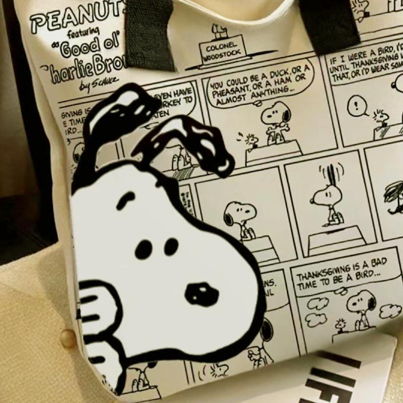 MINISO Snoopy Cartoon Printed Canvas Bag Large Capacity Handbag, Casual Versatile Tote Bag, Shopping Bag, Shoulder Bag