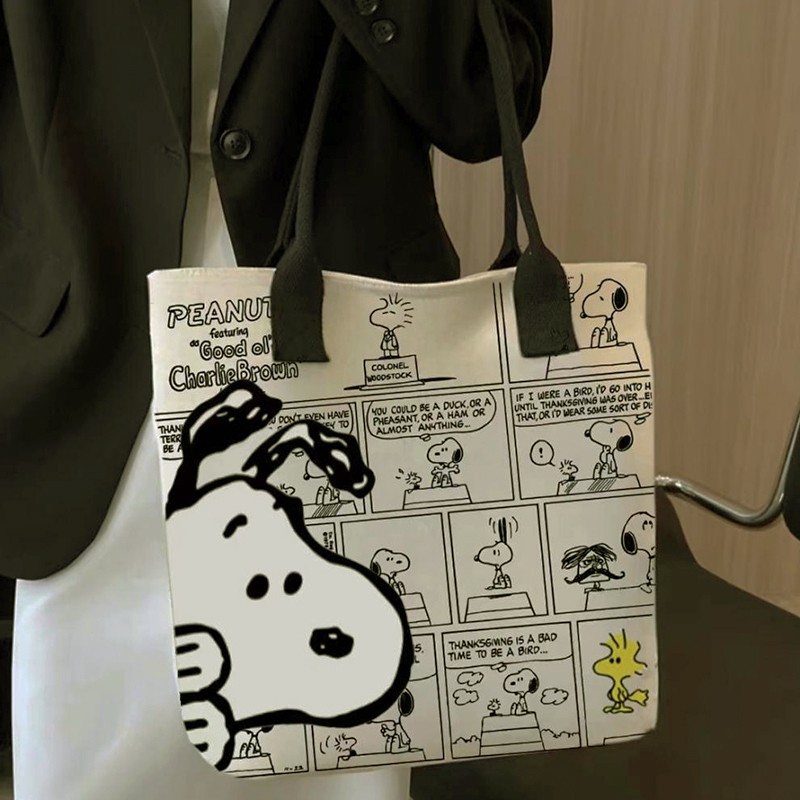 MINISO Snoopy Cartoon Printed Canvas Bag Large Capacity Handbag, Casual Versatile Tote Bag, Shopping Bag, Shoulder Bag
