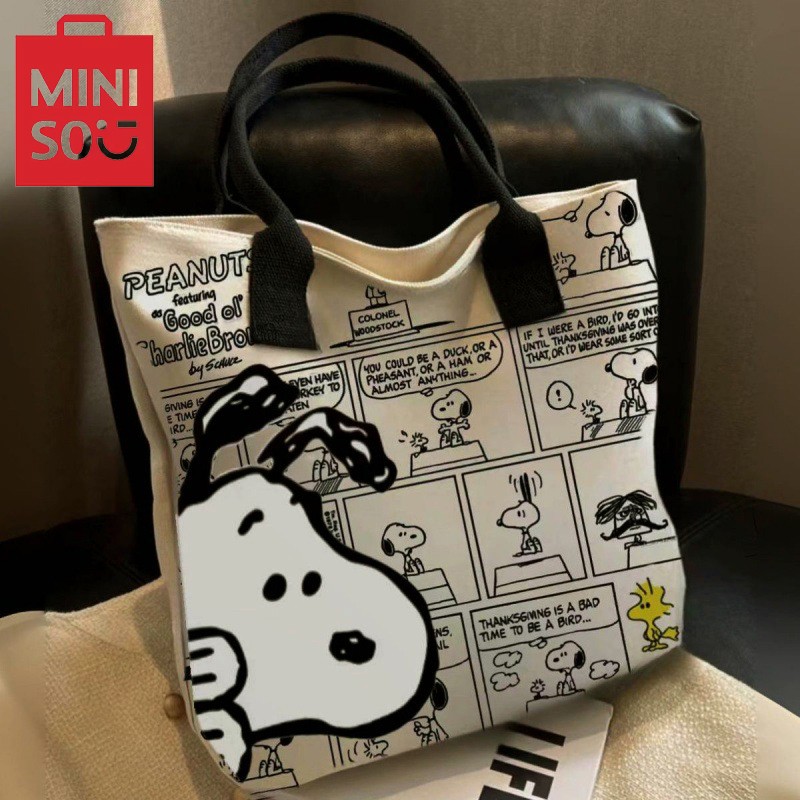 MINISO Snoopy Cartoon Printed Canvas Bag  Large Capacity Handbag, Casual Versatile Tote Bag, Shopping Bag, Shoulder Bag