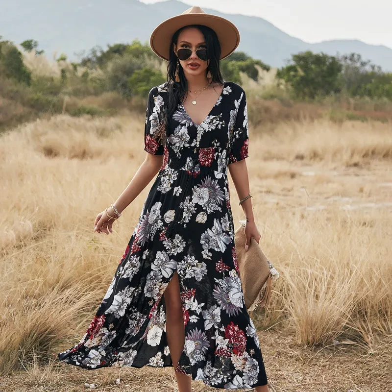 Floral V-Neck Elastic Waist Summer Beach Dress