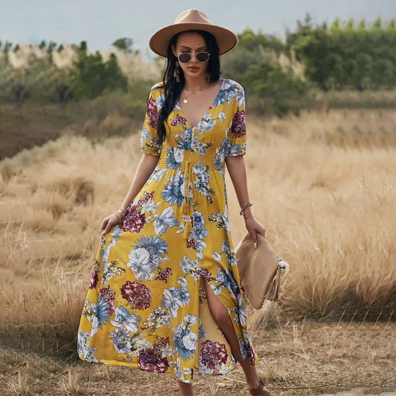 Floral V-Neck Elastic Waist Summer Beach Dress