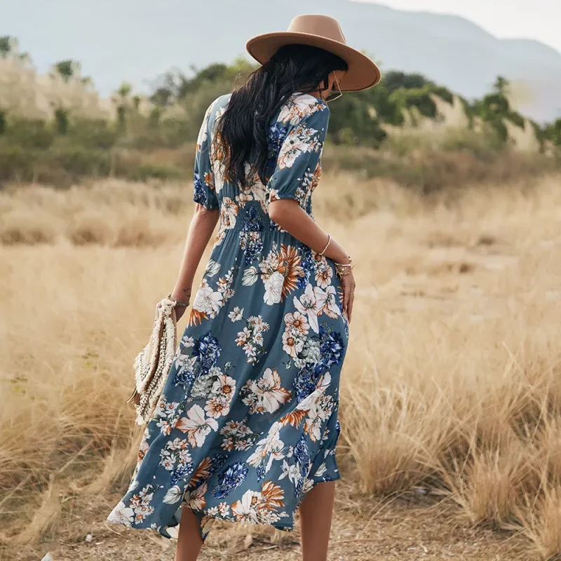 Floral V-Neck Elastic Waist Summer Beach Dress