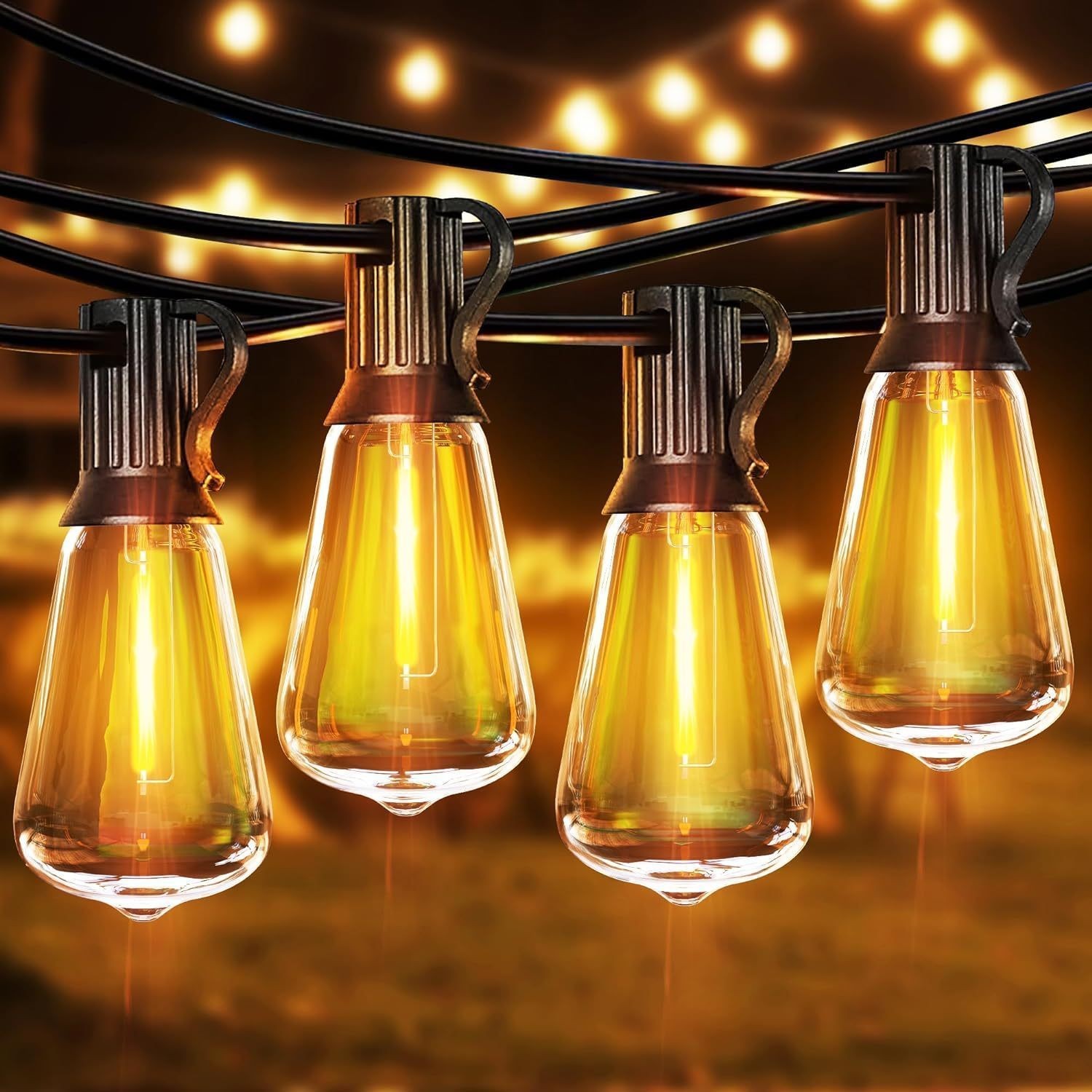 50FT Outdoor String Lights LED Garden String Lights with Shatterproof ST38 Solar Retro Bulbs, Waterproof, Exterior Pendant Lights for Porch, Backyard, Cafe, Balcony, Bistro