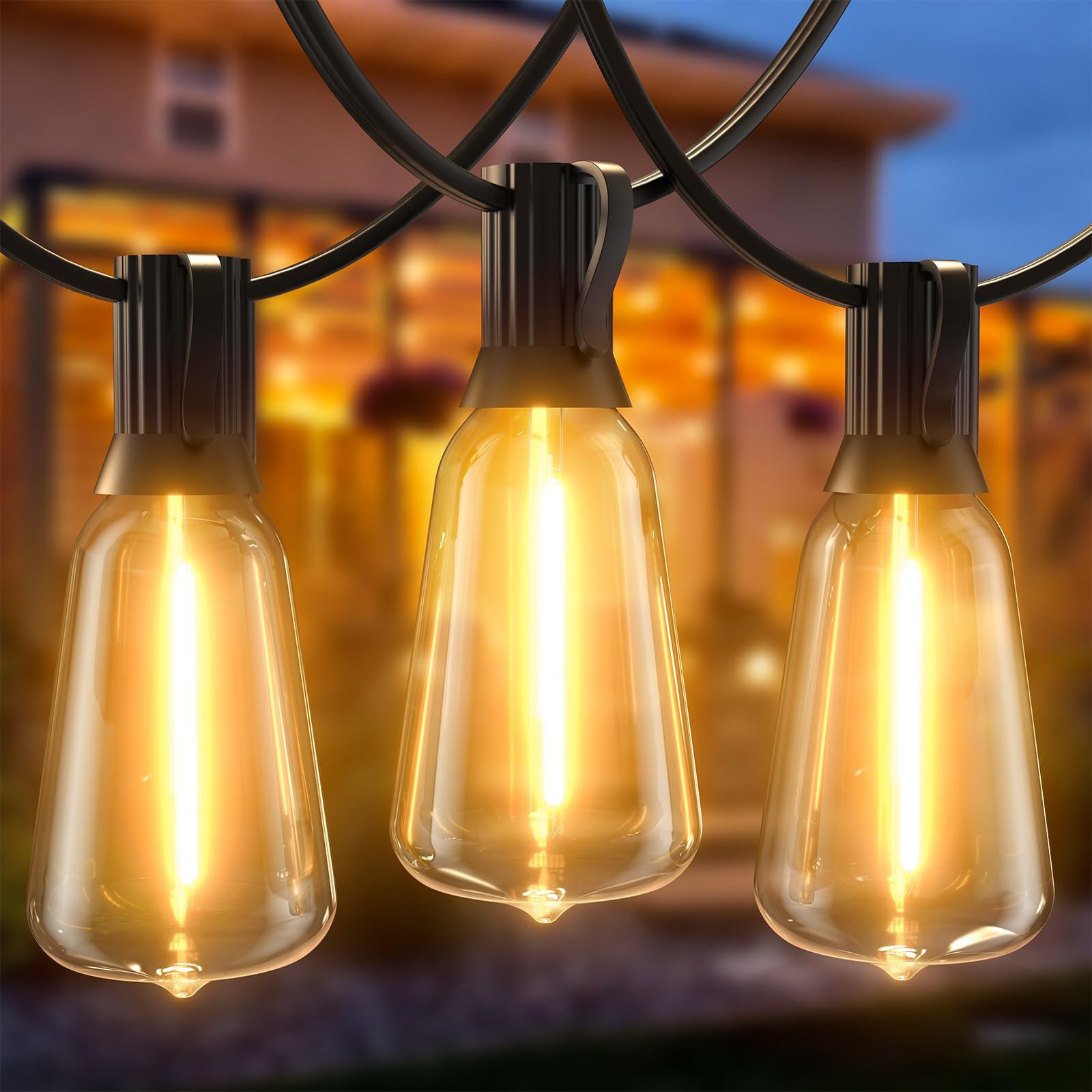 50FT Outdoor String Lights LED Garden String Lights with Shatterproof ST38 Solar Retro Bulbs, Waterproof, Exterior Pendant Lights for Porch, Backyard, Cafe, Balcony, Bistro