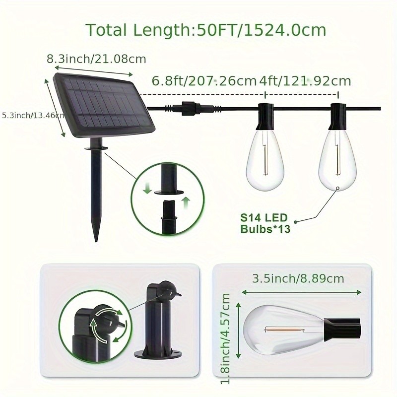50FT Outdoor String Lights LED Garden String Lights with Shatterproof ST38 Solar Retro Bulbs, Waterproof, Exterior Pendant Lights for Porch, Backyard, Cafe, Balcony, Bistro