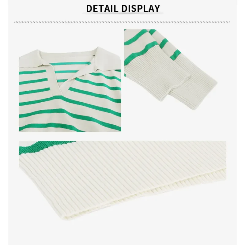 Women Striped Long Sleeve Pullover Sweater Casual Loose Polo V Neck Color Block Lightweight Knitted Fall Shirts Tops