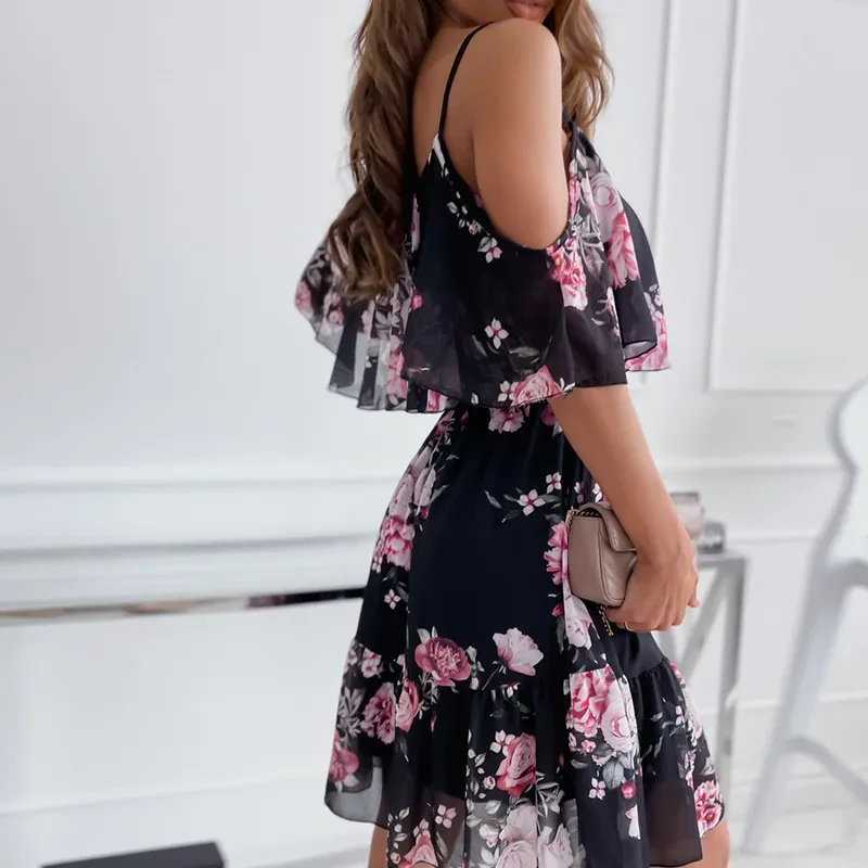Flower Printed Ruffled Suspender Dress Women