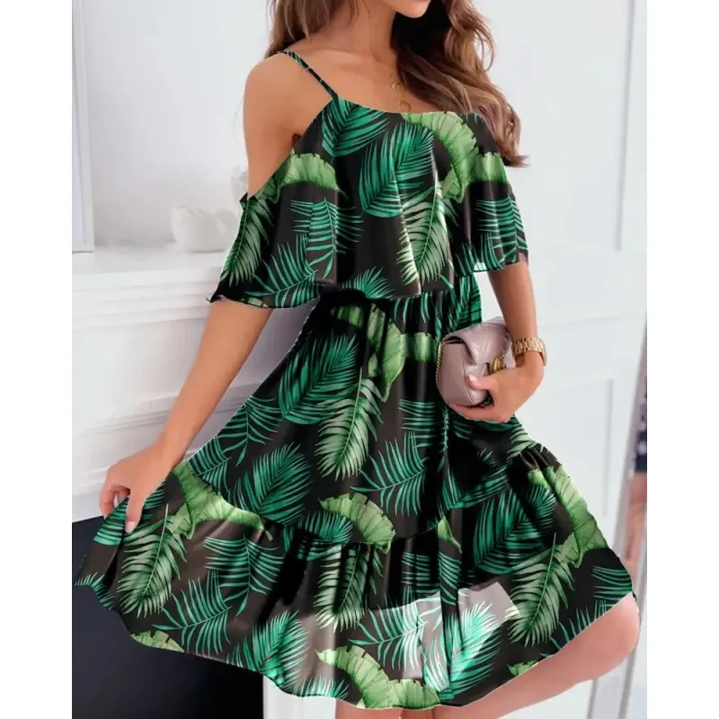 Flower Printed Ruffled Suspender Dress Women