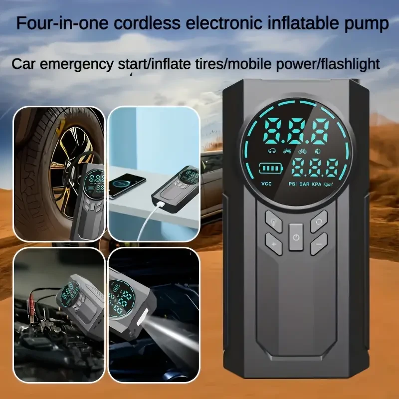 Portable Cordless Car Battery Emergency Starter with Tire Air Pump, Air Compressor, LED Display, Flashlight, and Mobile Power Supply - USB Charged Lithium Battery