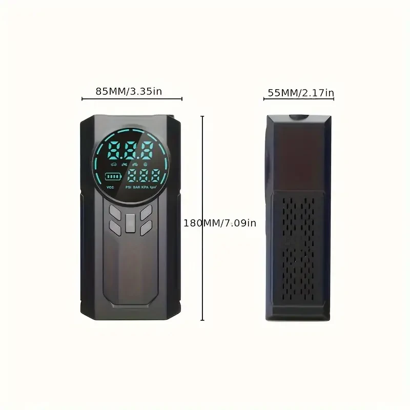 Portable Cordless Car Battery Emergency Starter with Tire Air Pump, Air Compressor, LED Display, Flashlight, and Mobile Power Supply - USB Charged Lithium Battery