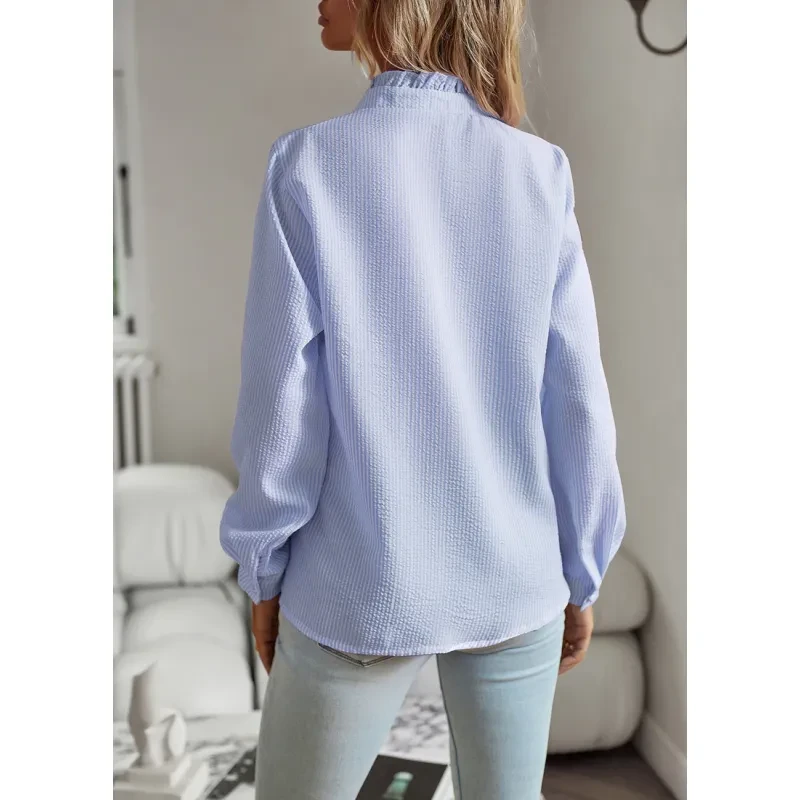 Striped Long Sleeve Shirt Fashion Ruffle Design Button Up Tops Casual Office Blouse Elegant Commuting