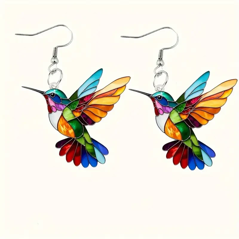 1 Pair Acrylic Hummingbird Earrings, Colorful 2D Design, Featherless, Stainless Steel Hooks24