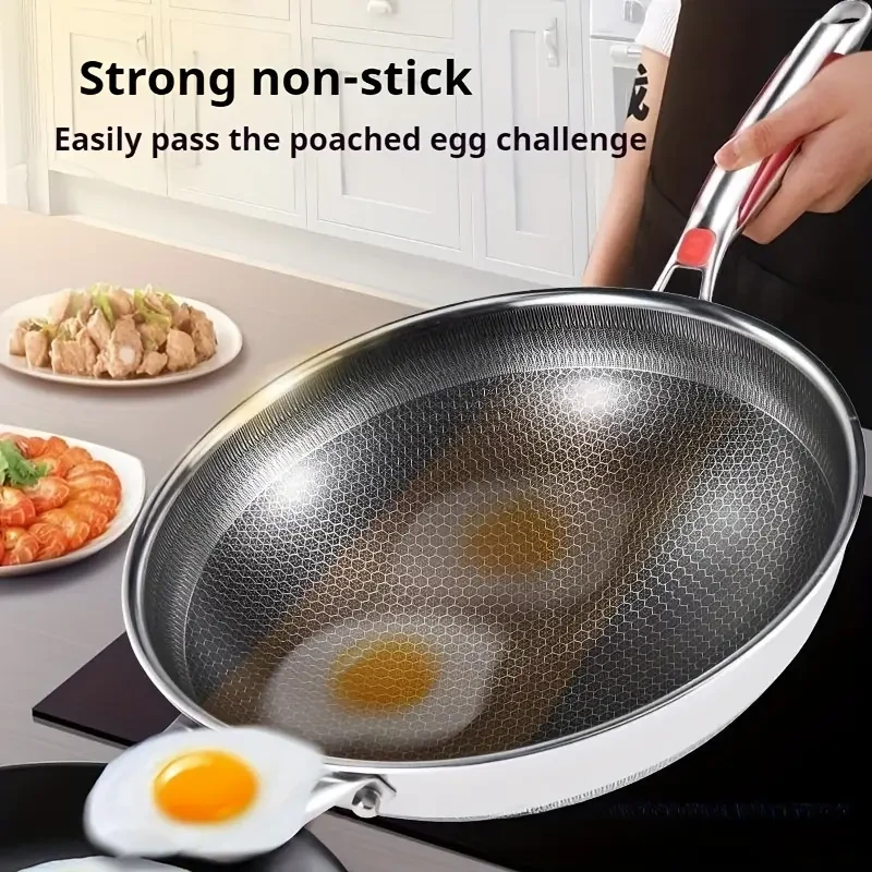 Stainless Steel Non-Stick Double-Sided Honeycomb Frying Pan with Glass Lid - 34.01 cm Uncharged Cookware Set