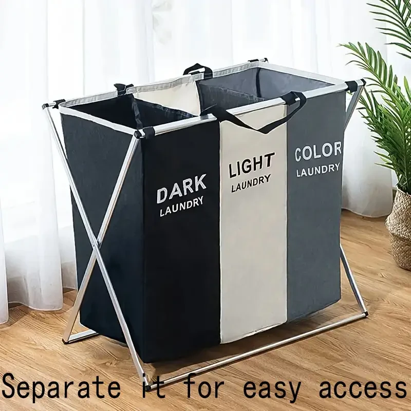 Foldable Triple-Grid Laundry Basket in Grey - Durable Canvas with Dark