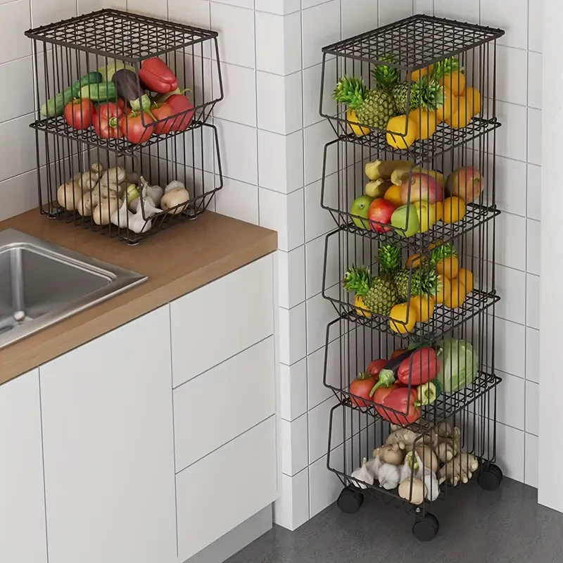 1pc Classic Stackable Metal Wire Basket Storage Organizer with Wheels
