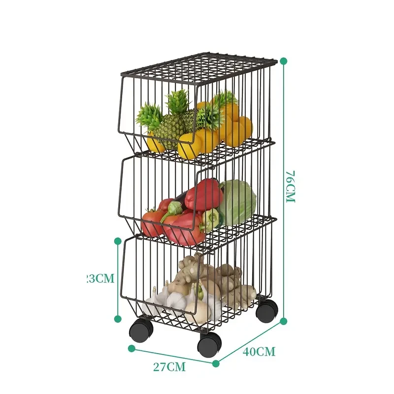 1pc Classic Stackable Metal Wire Basket Storage Organizer with Wheels