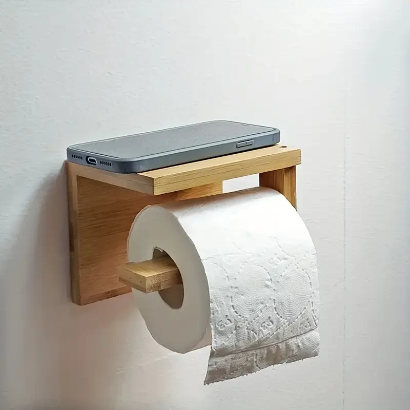 Rustic Wooden Toilet Paper Holder with Shelf