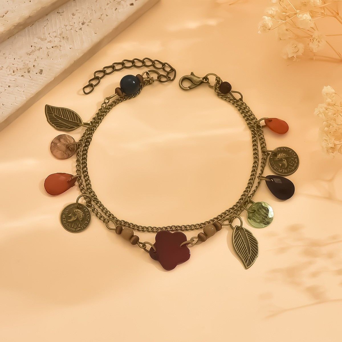 Bohemian Vacation Style Leaf Alloy Opal Anklet