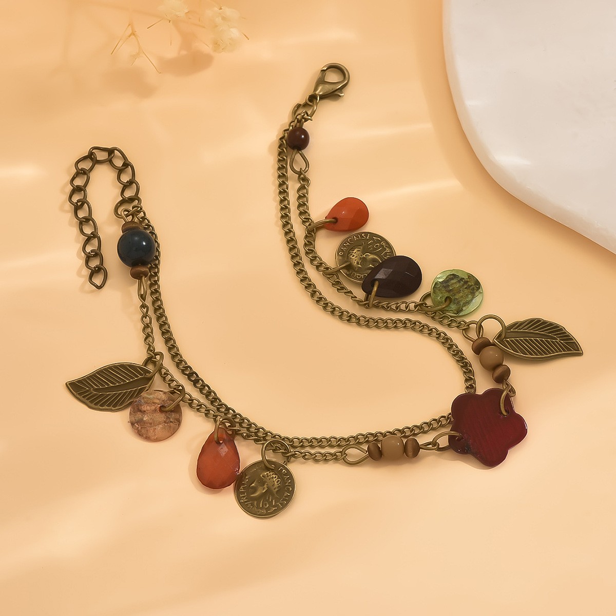 Bohemian Vacation Style Leaf Alloy Opal Anklet