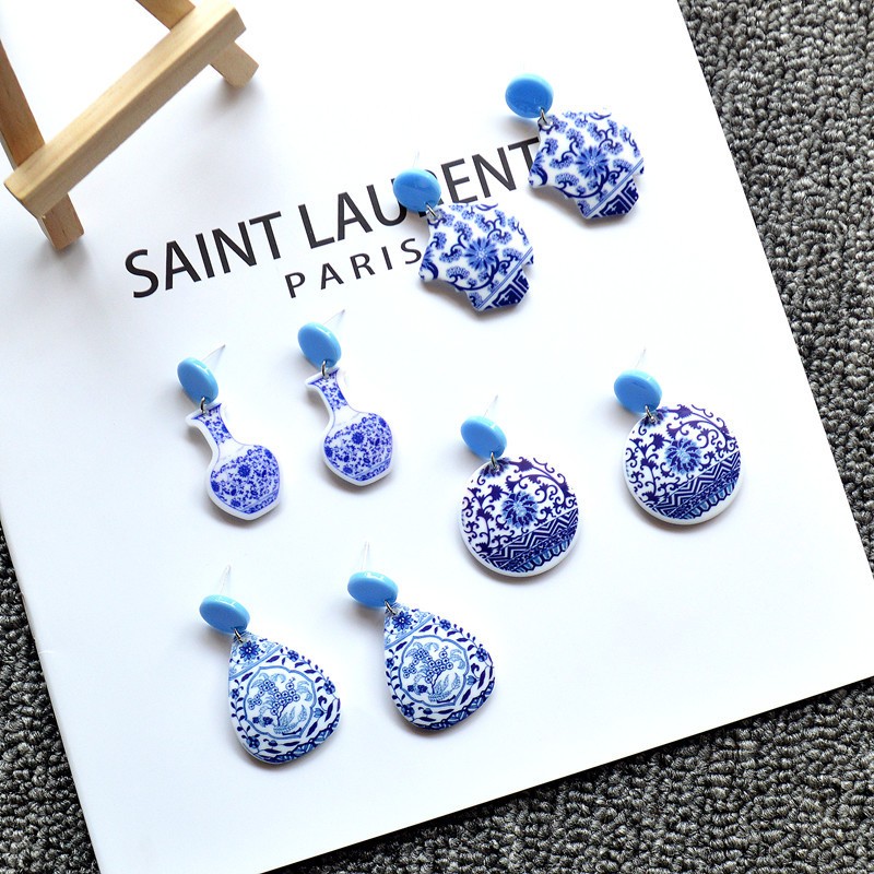 Geometric Blue And White Porcelain Series Chinese Style Acrylic Earrings