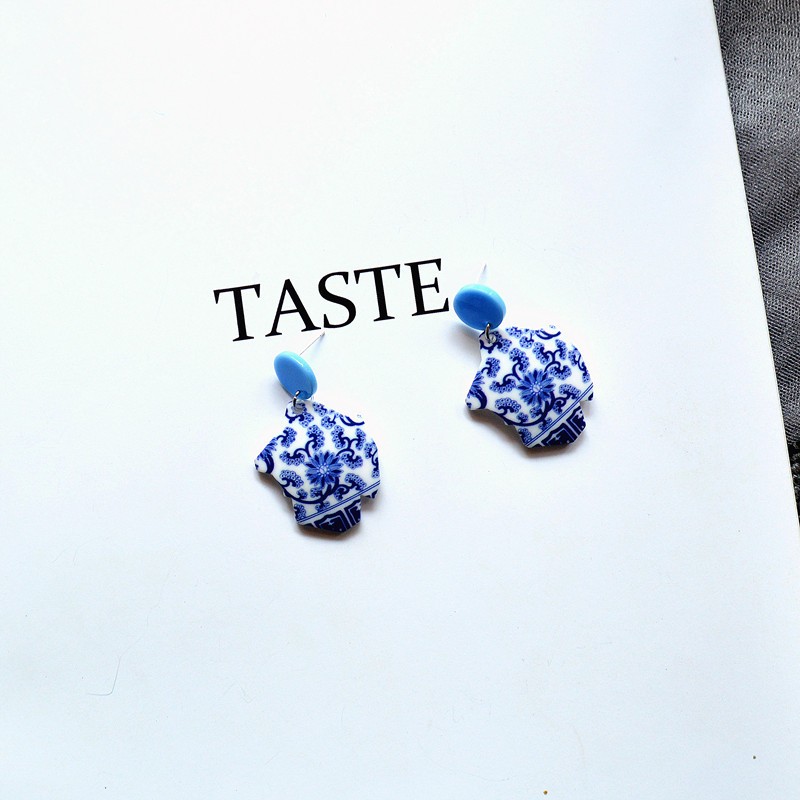 Geometric Blue And White Porcelain Series Chinese Style Acrylic Earrings