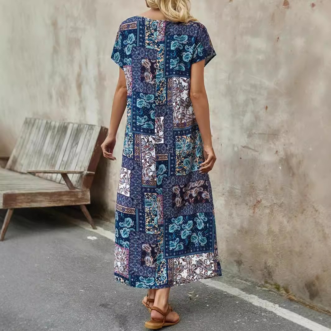 Long Printed Short Sleeve Round Neck Dress