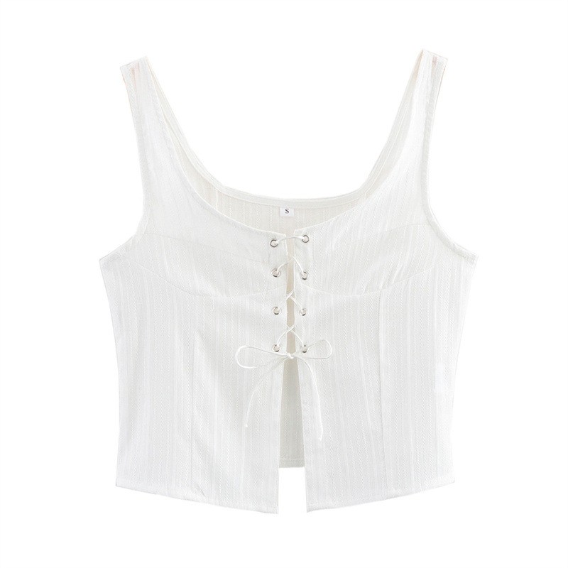 American Style Trendy Solid Color White Strap Top With Rope Sleeveless Short
