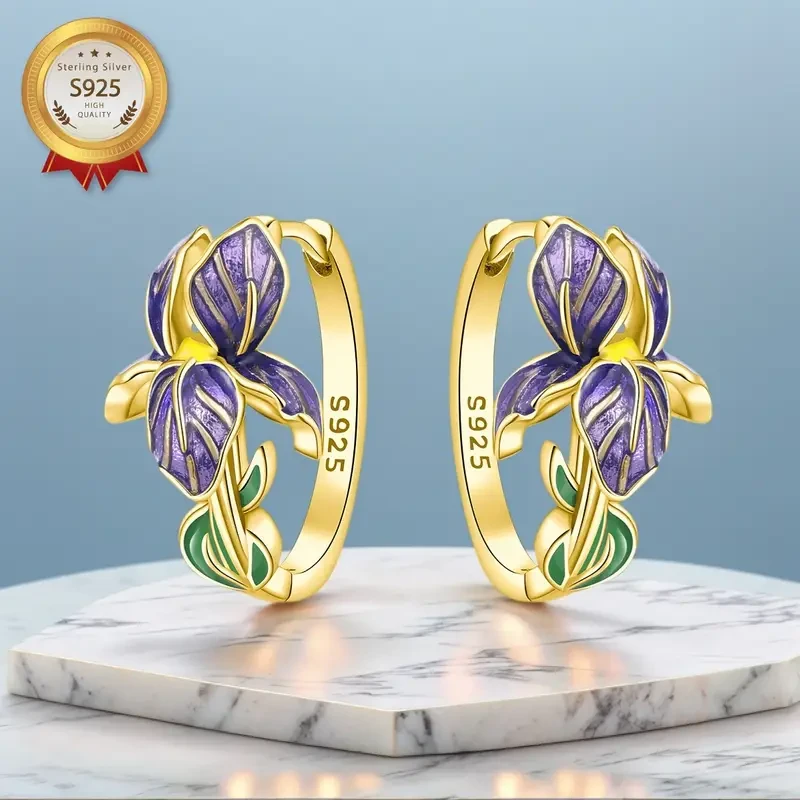 1 Pair S925 Sterling Silver 18K Golden Plated Allergy-Proof Hoop Iris Flower Earrings