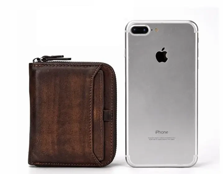 Men'S Short Head Leather Wallet Men'S Retro Wallet Vertical Zipper Leisure Youth Wallet