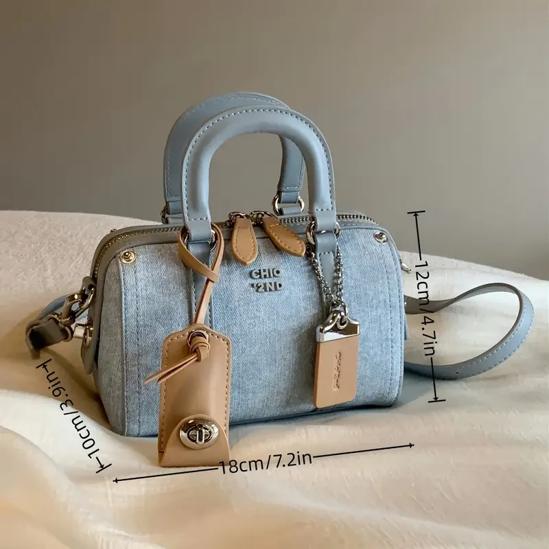 Women's 2024 New Light Blue Cowboy Pillow Bag, Versatile Handbag with Shoulder Strap, Solid Color, Zipper Closure, Polyester Lined, Edge Paint Detail