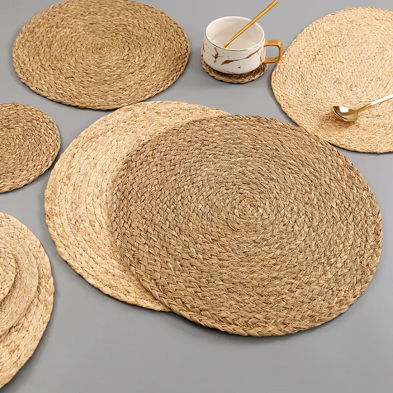 Japanese-Style Natural Aquatic Corn Husk Hand-Woven Placemats, Potholders, Round Western Food Coasters, Household Supplies