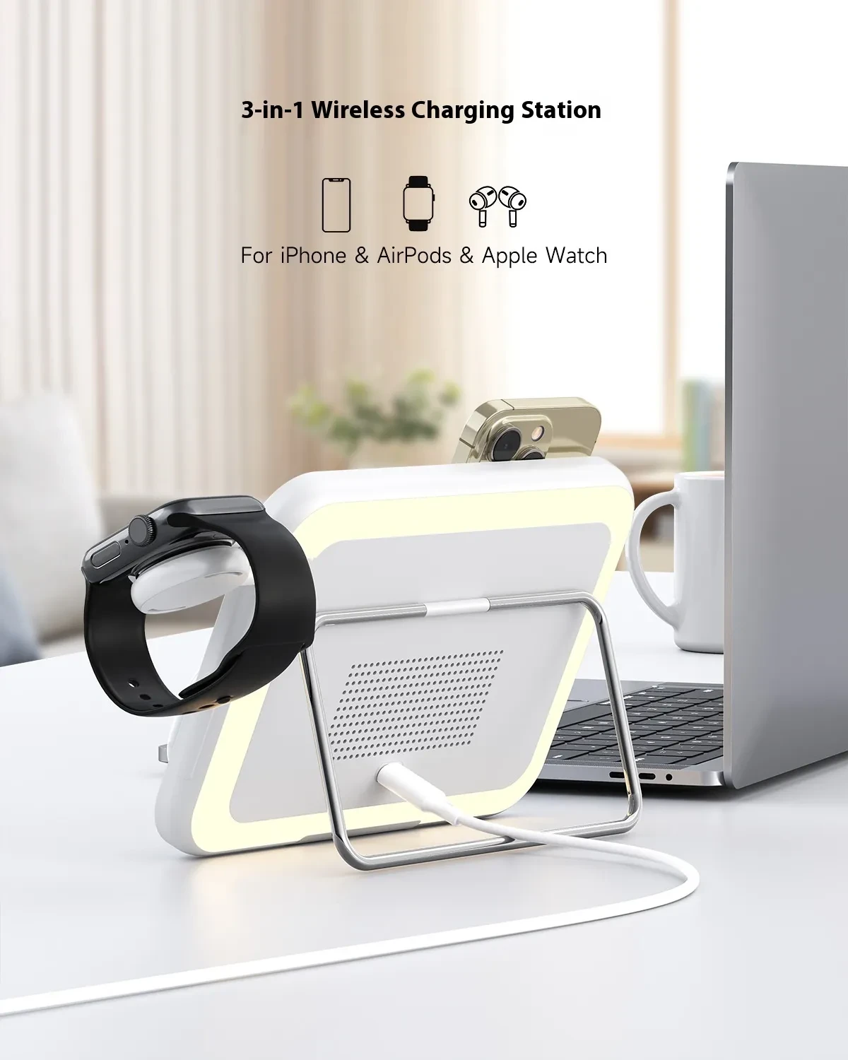 Three-in-1 wireless charger LED makeup mirror RGB small night light four-in-one desk lamp charging stainless steel holder