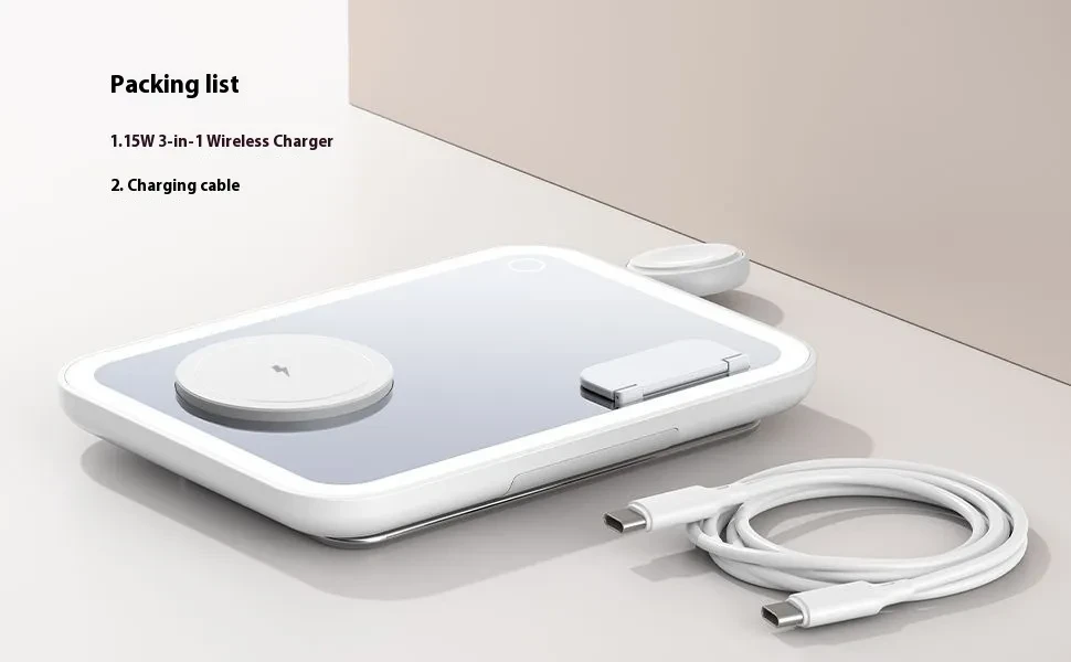 Three-in-1 wireless charger LED makeup mirror RGB small night light four-in-one desk lamp charging stainless steel holder