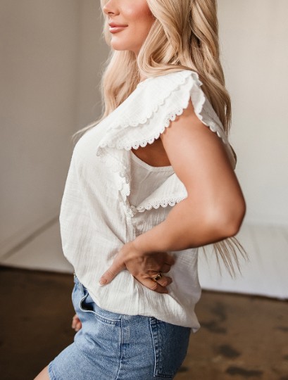 White Crinkled Layered Ruffled Flutter Sleeve Blouse