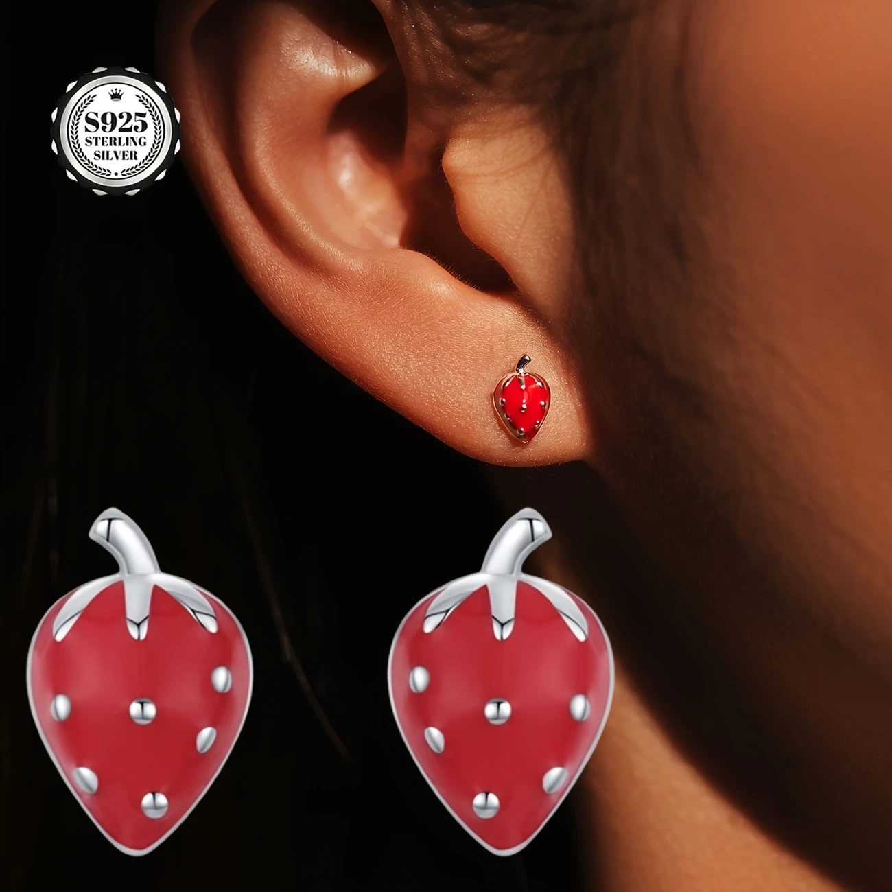 2pcs Women's Fashion Earrings S925 Silver Cute Strawberry Studs  Sweet, Elegant Womens Earrings for Daily Outings, Photo Shoots, Parties, and Gifts for Girlfriends or Lovers