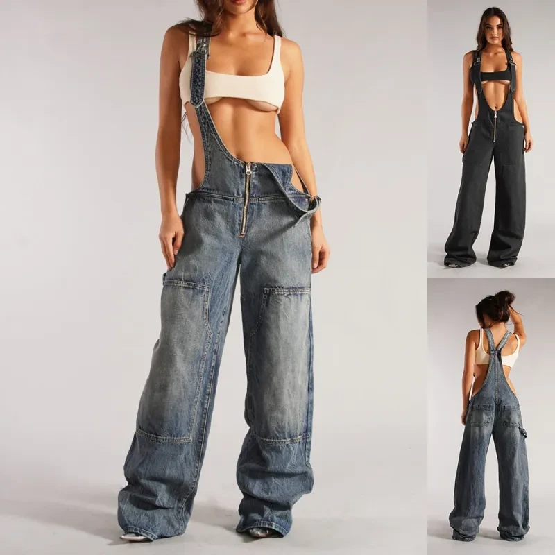 Y2K Denim Overalls With Pockets Fashion Loose Jumpsuit Streetwear Zipper Jeans Pants