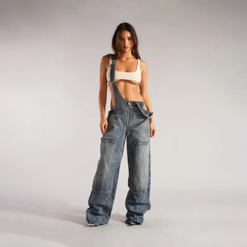 Y2K Denim Overalls With Pockets Fashion Loose Jumpsuit Streetwear Zipper Jeans Pants
